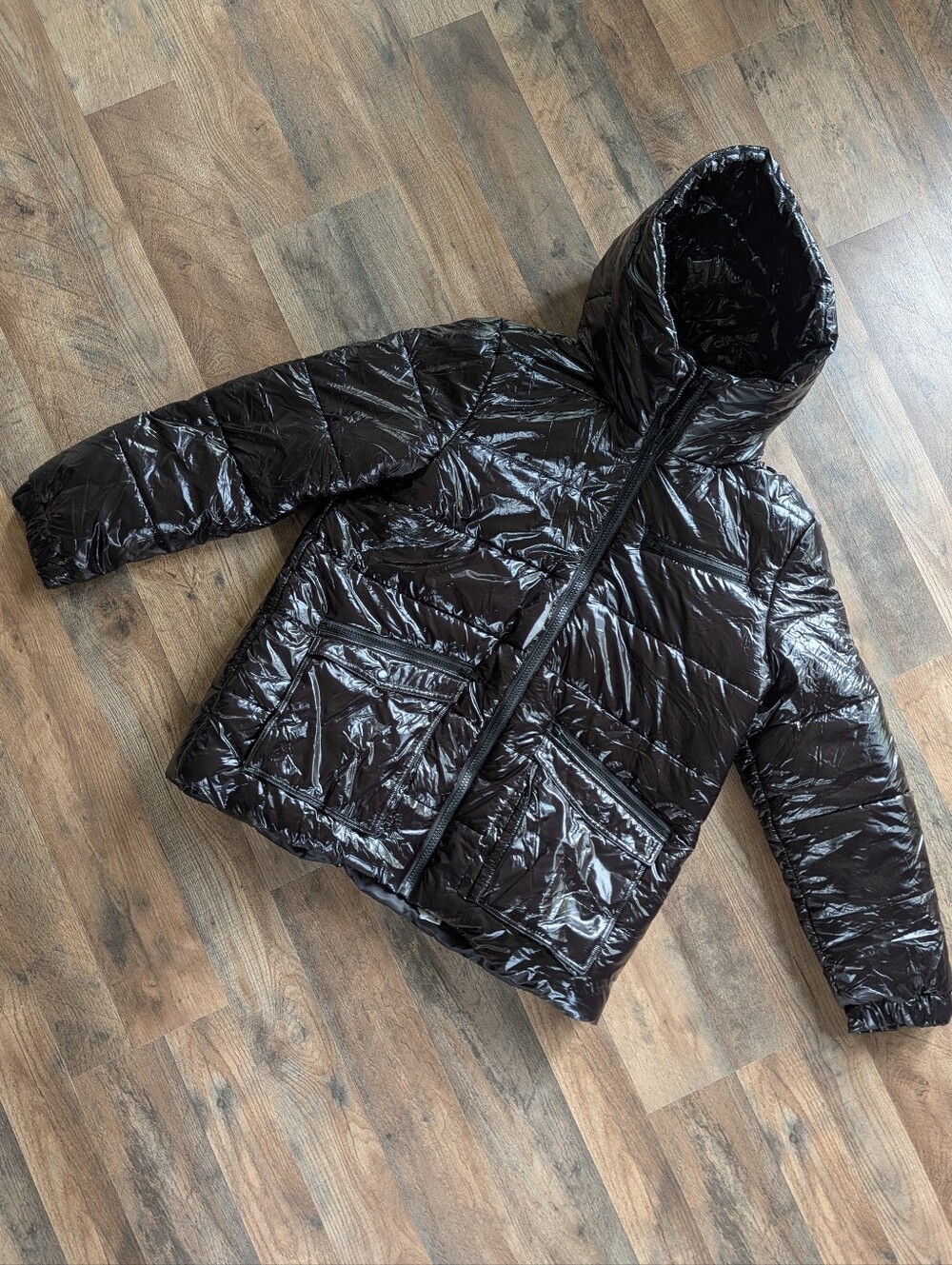 NWT FLAW ATOIR The Podium Jacket L Black High Shine Hooded Puffer Coat